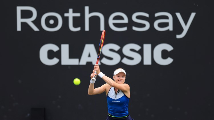 Harriet Dart in action during her opening match against Jodie Burrage at the 2023 Rothesay Classic Birmingham