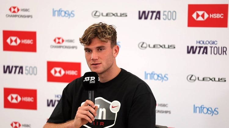 British No.1 Jack Draper sat in a press conference at the HSBC Championships