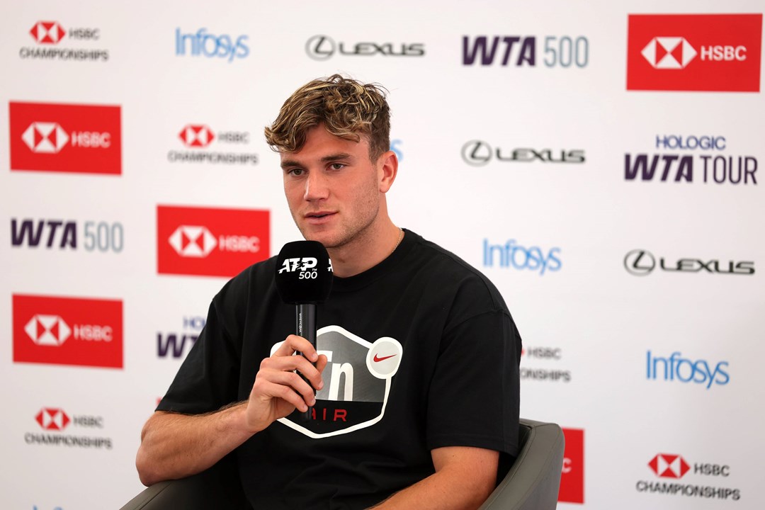 British No.1 Jack Draper sat in a press conference at the HSBC Championships