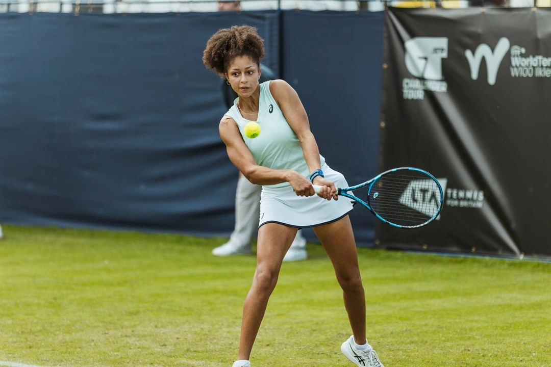 Ranah Stoiber lines up a backhand at the Lexus Ilkley Trophy