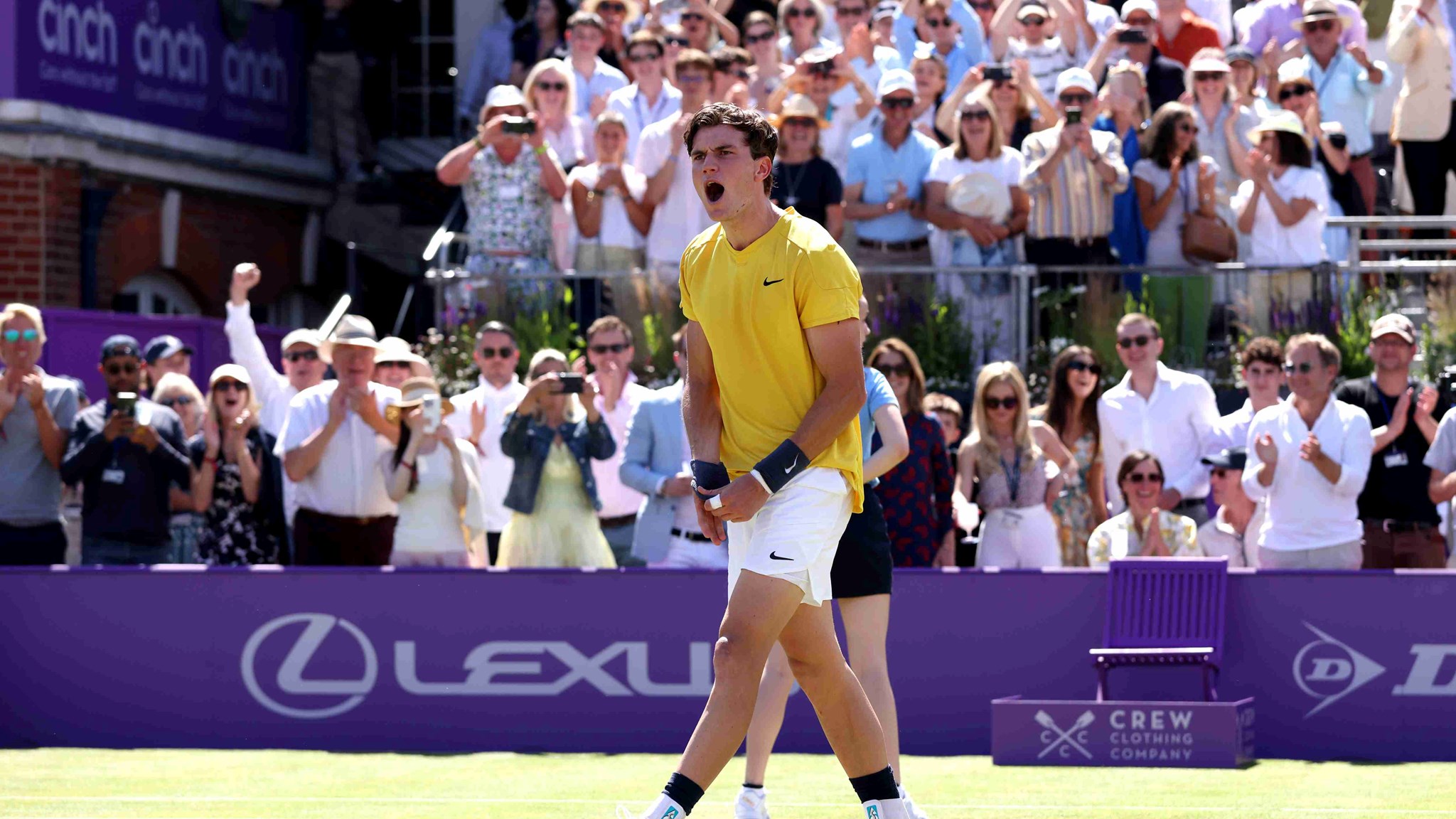 Jack Draper cheering on court after beating Carlos Alcaraz in straight sets in the second round of the cinch Championships
