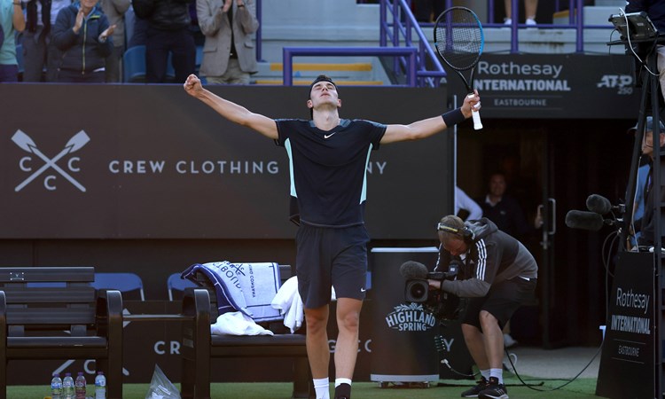 Jack Draper celebrating after winning his second round match against Diego Schwartzman on day five of the Rothesay International Eastbourne 2022