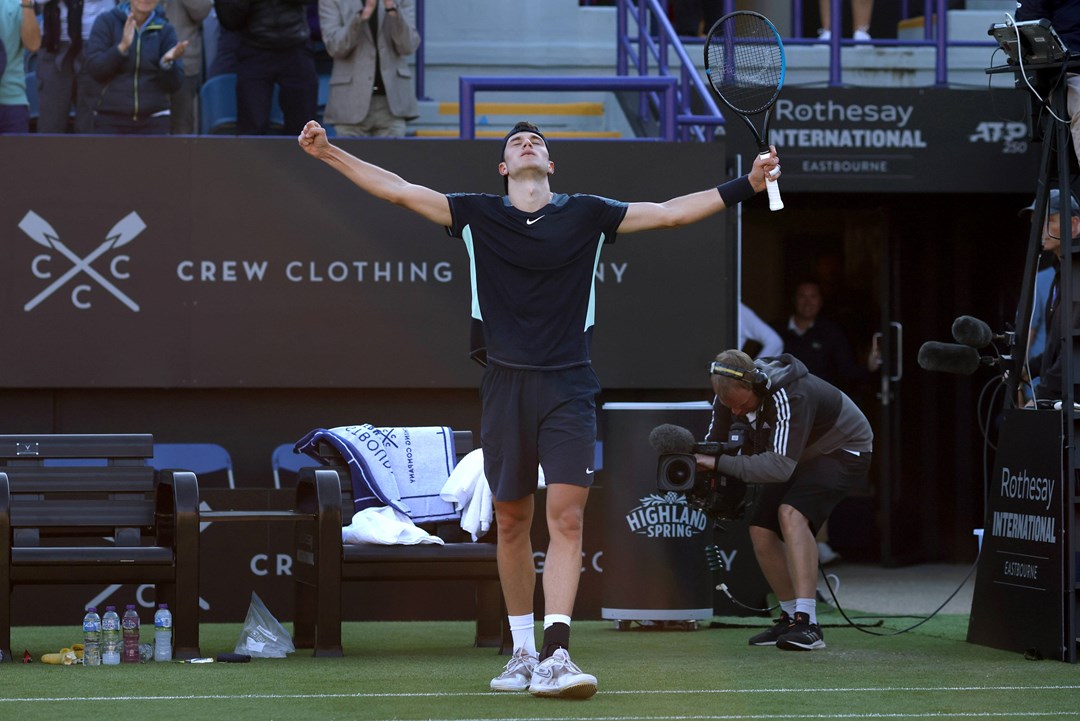 Jack Draper celebrating after winning his second round match against Diego Schwartzman on day five of the Rothesay International Eastbourne 2022