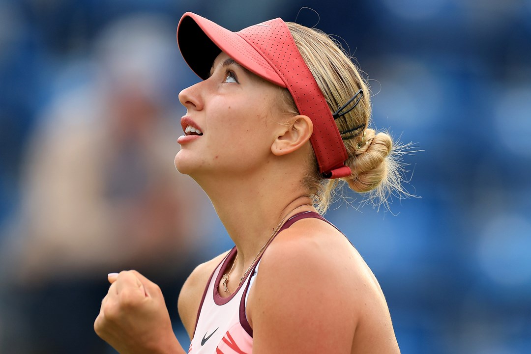 Anastasia Potapova celebrates winning against Harriet Dart in the quarter-finals of the 2023 Rothesay Classic Birmingham 