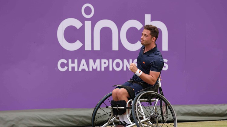 Alfie Hewett, a wheelchair tennis player, clenching his fist in celebration on court at the cinch Championships