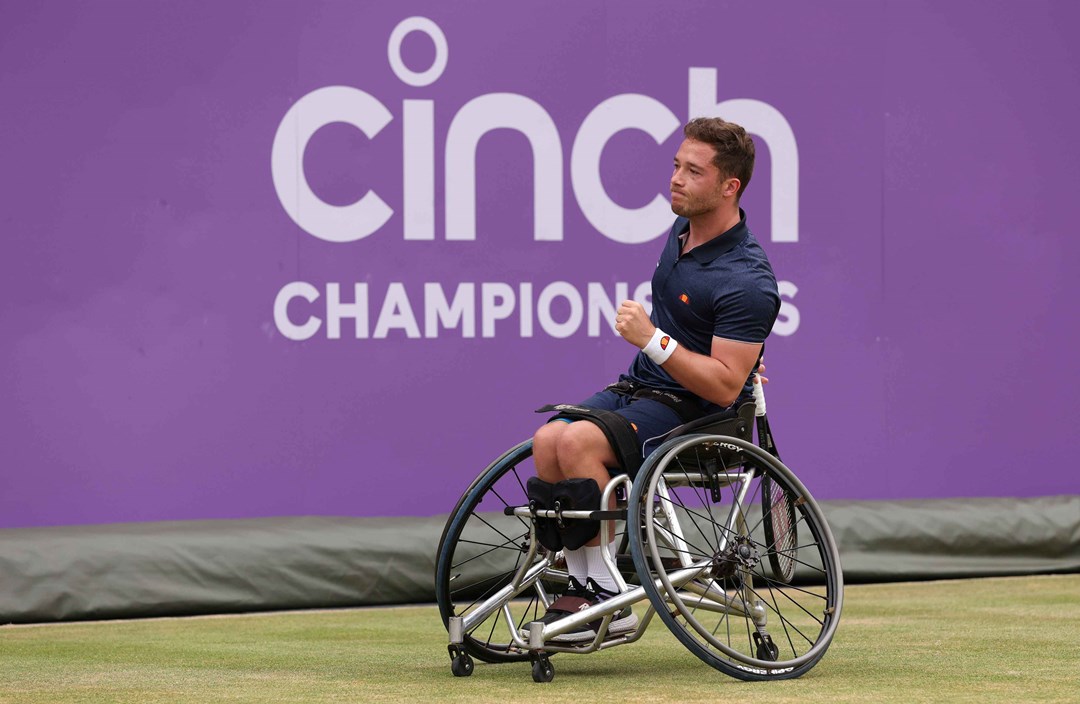 Alfie Hewett, a wheelchair tennis player, clenching his fist in celebration on court at the cinch Championships