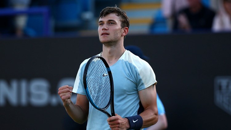 Jack Draper fist pumps after his second round win in Eastbourne