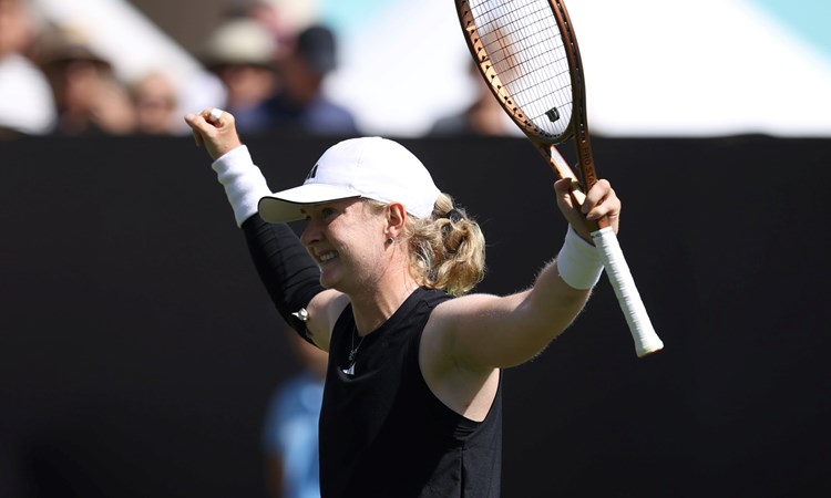 Francesca Jones celebrates an opening round win at the Lexus Eastbourne Open