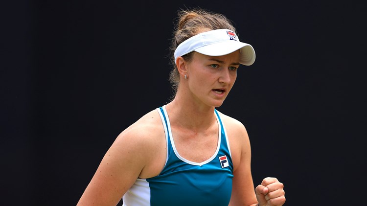 Barbora Krejcikova celebrating after winning a point during her semi-final clash against Lin Zhu at the 2023 Rothesay Classic Birmingham