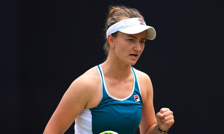Barbora Krejcikova celebrating after winning a point during her semi-final clash against Lin Zhu at the 2023 Rothesay Classic Birmingham