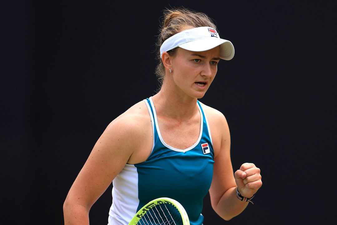 Barbora Krejcikova celebrating after winning a point during her semi-final clash against Lin Zhu at the 2023 Rothesay Classic Birmingham