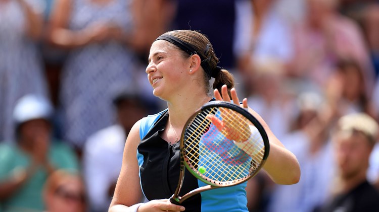 Jelena Ostapenko celebrating after winning her semi-final match against Anastasia Potapova at the 2023 Rothesay Classic Birmingham