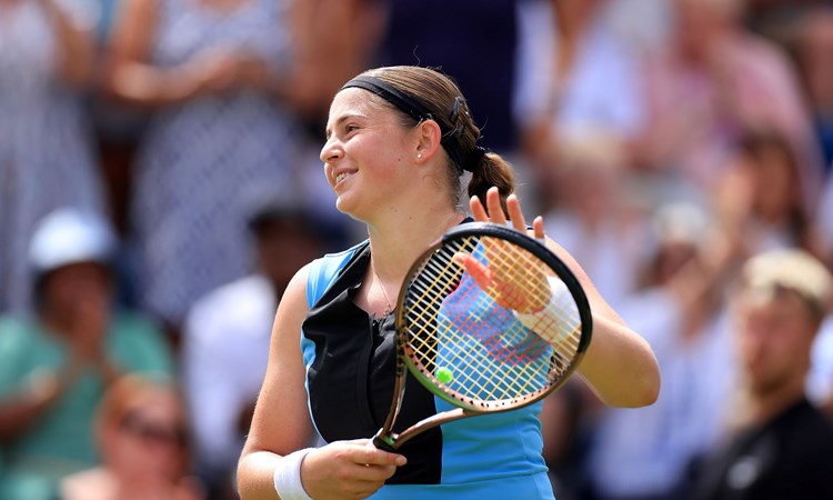 Jelena Ostapenko celebrating after winning her semi-final match against Anastasia Potapova at the 2023 Rothesay Classic Birmingham