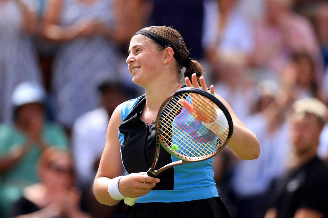 Jelena Ostapenko celebrating after winning her semi-final match against Anastasia Potapova at the 2023 Rothesay Classic Birmingham