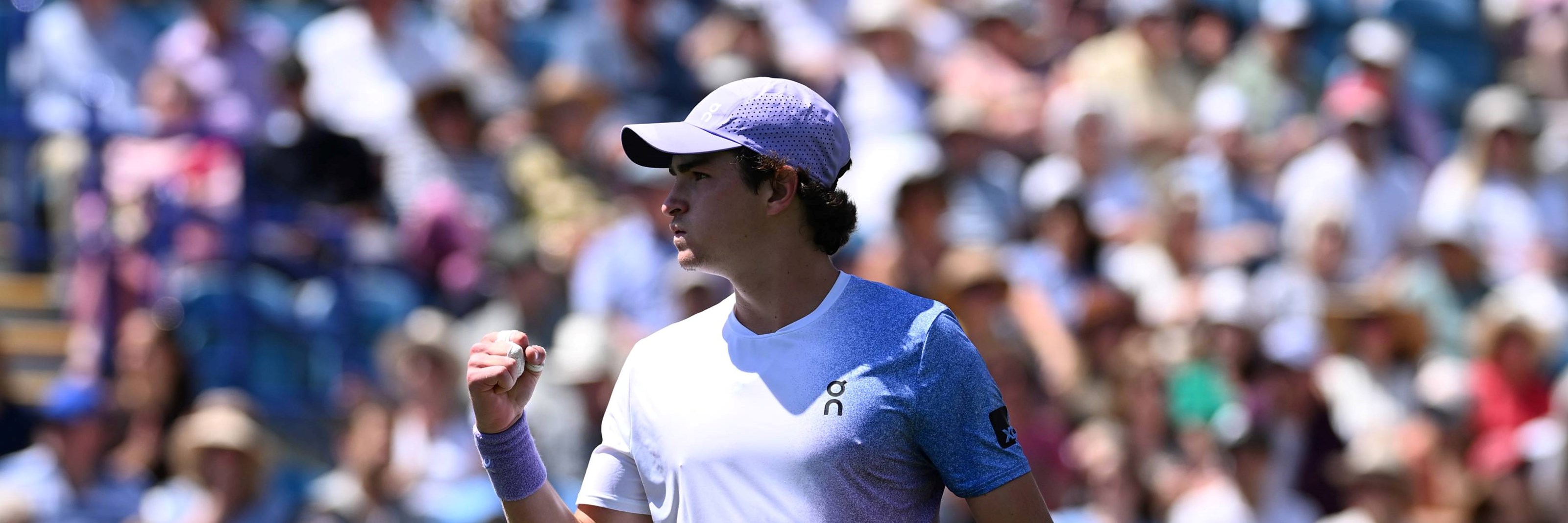 Joao Fonseca gives a fist pump celebration in the opening round of the Lexus Eastbourne Open