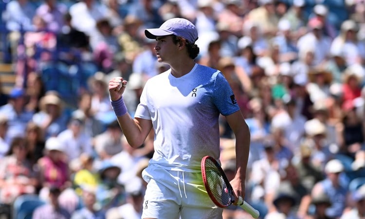 Joao Fonseca gives a fist pump celebration in the opening round of the Lexus Eastbourne Open