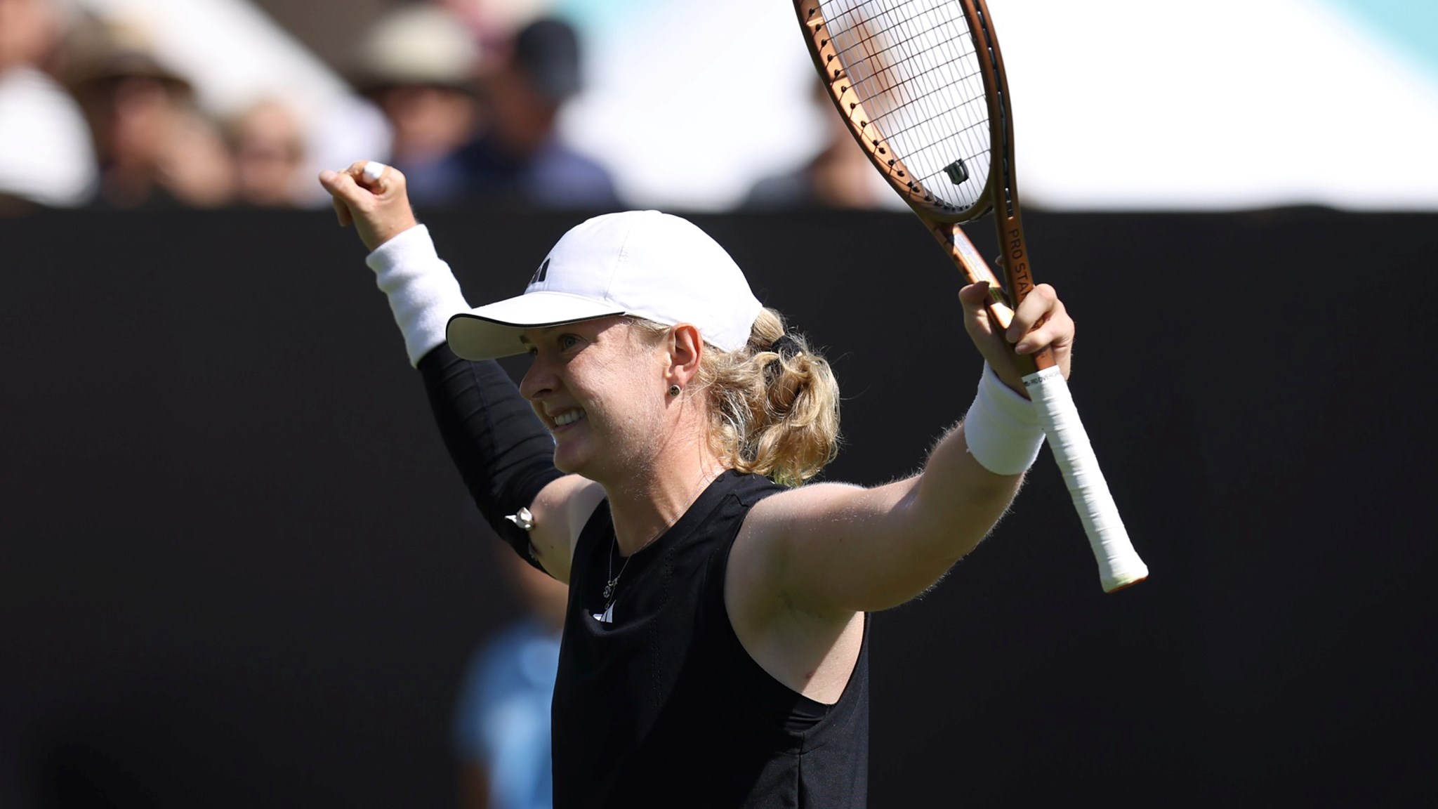 Francesca Jones celebrates an opening round win at the Lexus Eastbourne Open