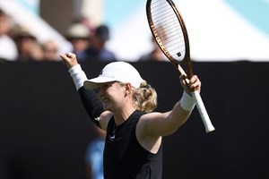 Francesca Jones celebrates an opening round win at the Lexus Eastbourne Open