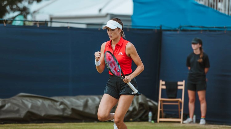 Mirjam Bjorklund celebrates a win at the Lexus Ilkley Trophy