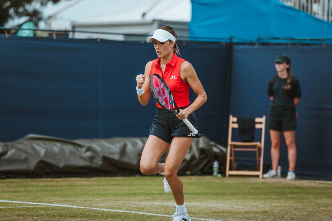 Mirjam Bjorklund celebrates a win at the Lexus Ilkley Trophy