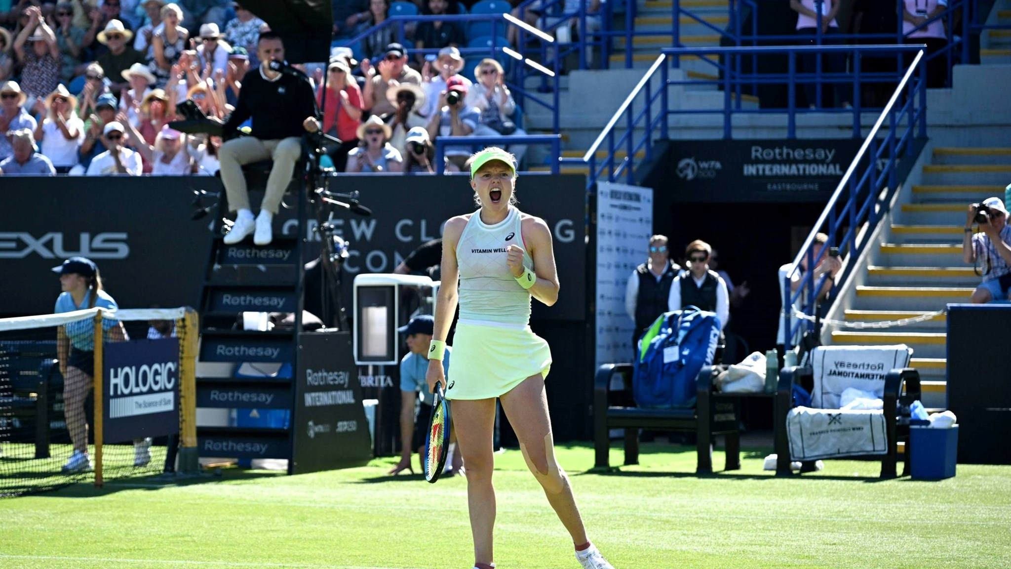 Harriet Dart cheers on court after beating Marie Bouzkova in Eastbourne