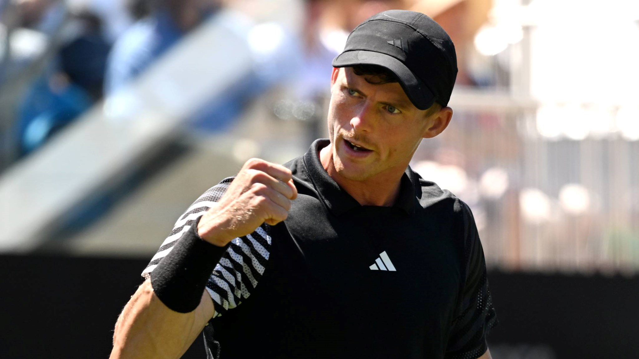 Billy Harris gives a fist pump after winning his first round match at the Rothesay International Eastbourne