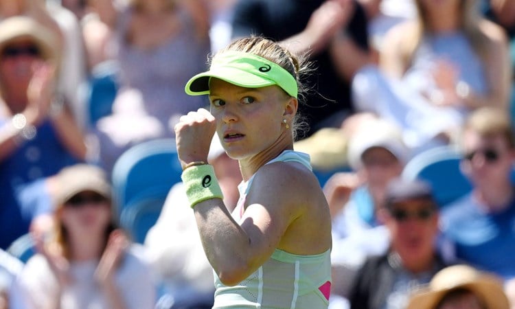 Harriet Dart celebrates taking a point off Marie Bouzkova in Eastbourne