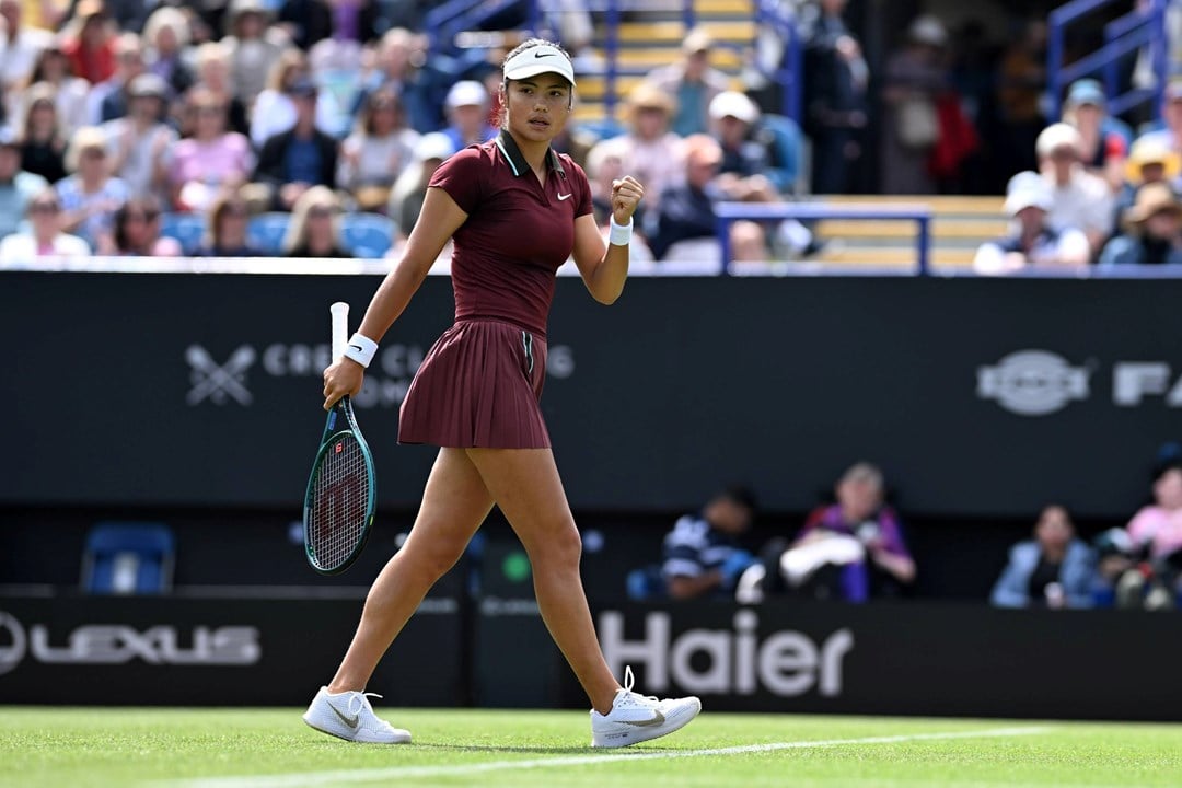Emma Raducanu gives a fist pump at the Lexus Eastbourn Open