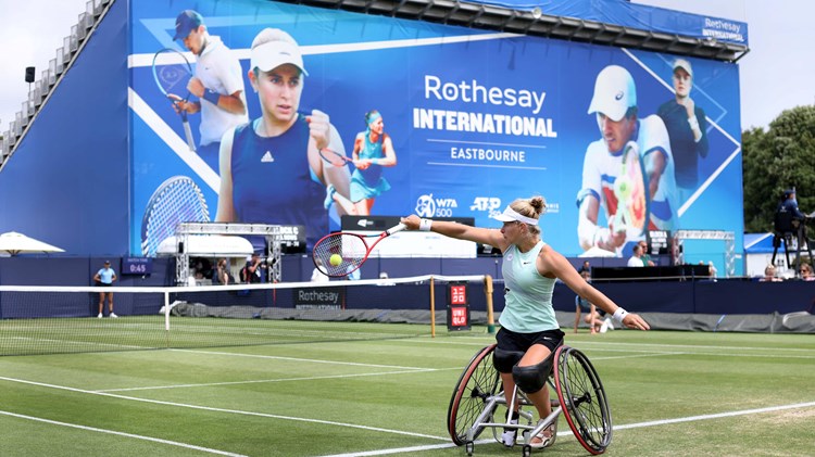 Diede de Groot in action during her women's singles wheelchair semi final match against Kgothatso Montjane on day seven of the Rothesay International Eastbourne