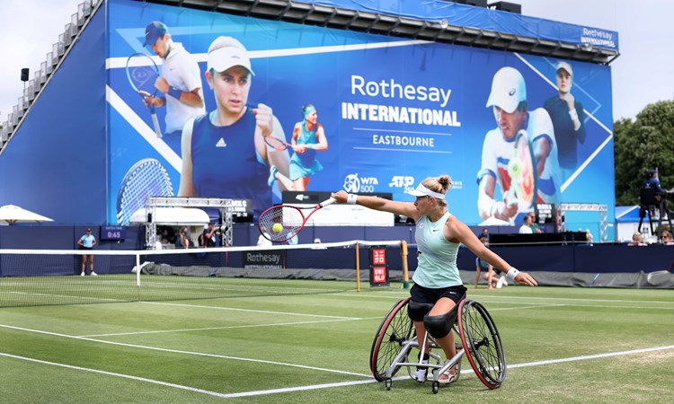 Diede de Groot in action during her women's singles wheelchair semi final match against Kgothatso Montjane on day seven of the Rothesay International Eastbourne