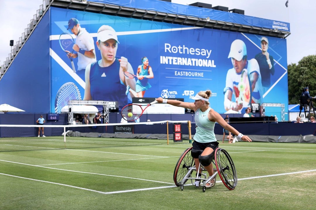 Diede de Groot in action during her women's singles wheelchair semi final match against Kgothatso Montjane on day seven of the Rothesay International Eastbourne