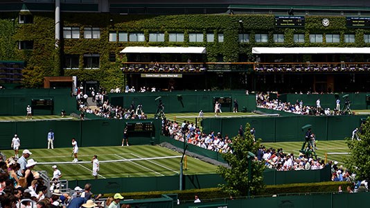 A bird's-eye view of matches being played on the outside courts at The Championships, Wimbledon