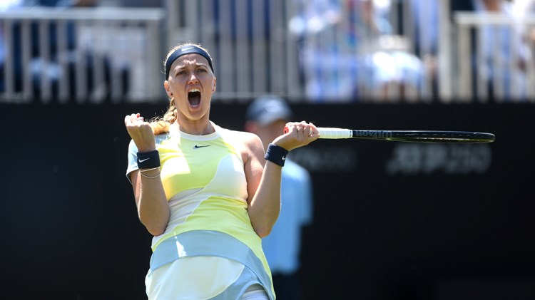 Petra Kvitova celebrating after winning match point against Beatriz Haddad Maia in the semi-finals of the Rothesay International Eastbourne