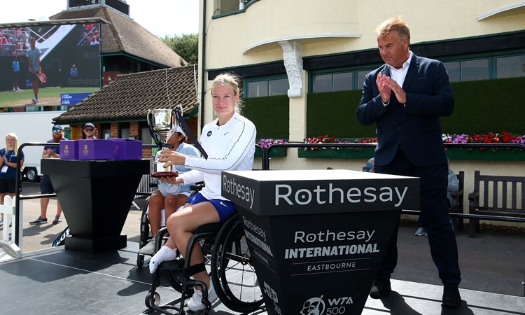 Diede de Groot posing with the trophy after winning the final of the women's single wheelchair final at the Rothesay International Eastbourne