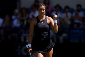 Jodie Burrage fist pumps after winning a point in qualifying at the Rothesay International Eastbourne