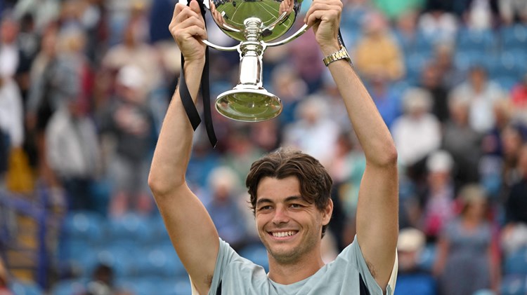 Taylor Fritz posing with his trophy after defeating Maxime Cressy in the final of the 2022 Rothesay International Eastbourne 2022