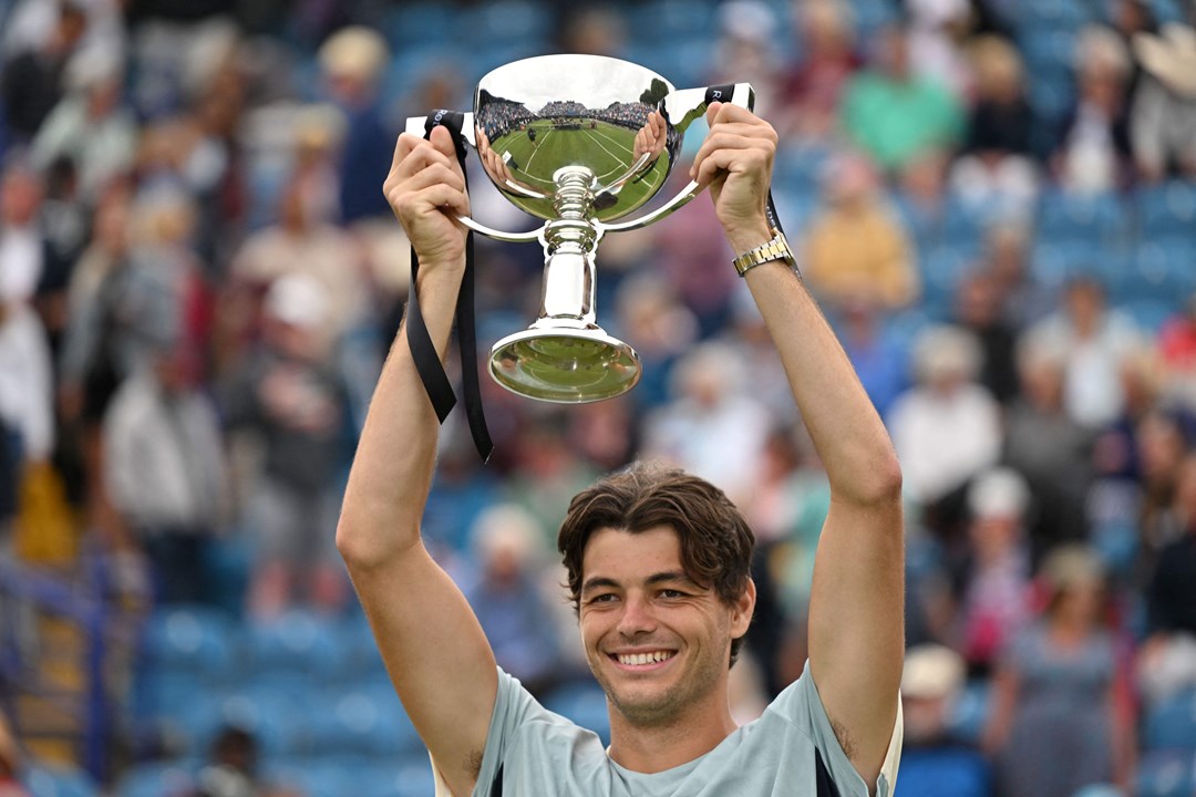 Taylor Fritz posing with his trophy after defeating Maxime Cressy in the final of the 2022 Rothesay International Eastbourne 2022