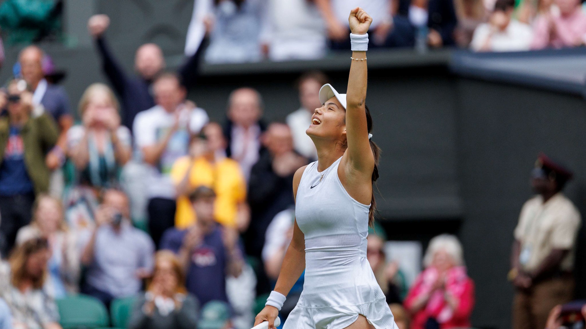 Emma Raducanu (GBR)celebrates her win against Renata Zarazua (MEX) in the first round of the Ladies' Singles on Centre Courtat The Championships 2024. Held at The All England Lawn Tennis Club, Wimbledon.