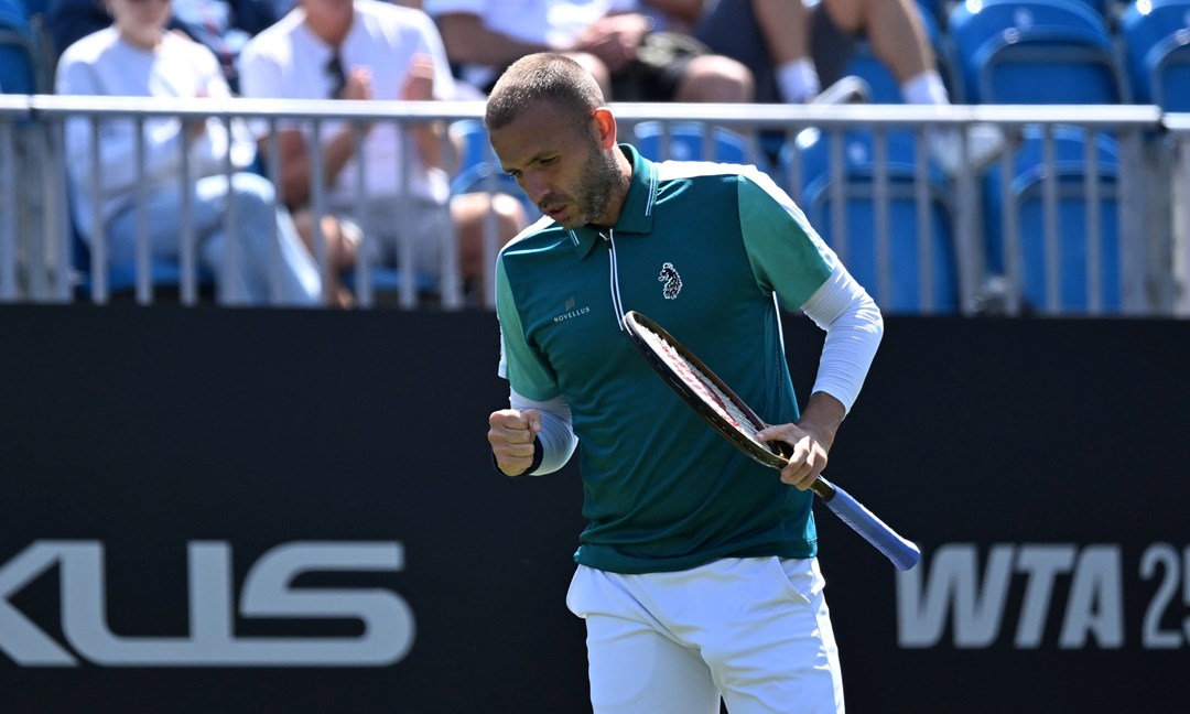Dan Evans gives a fist pump at the Lexus Eastbourne Open