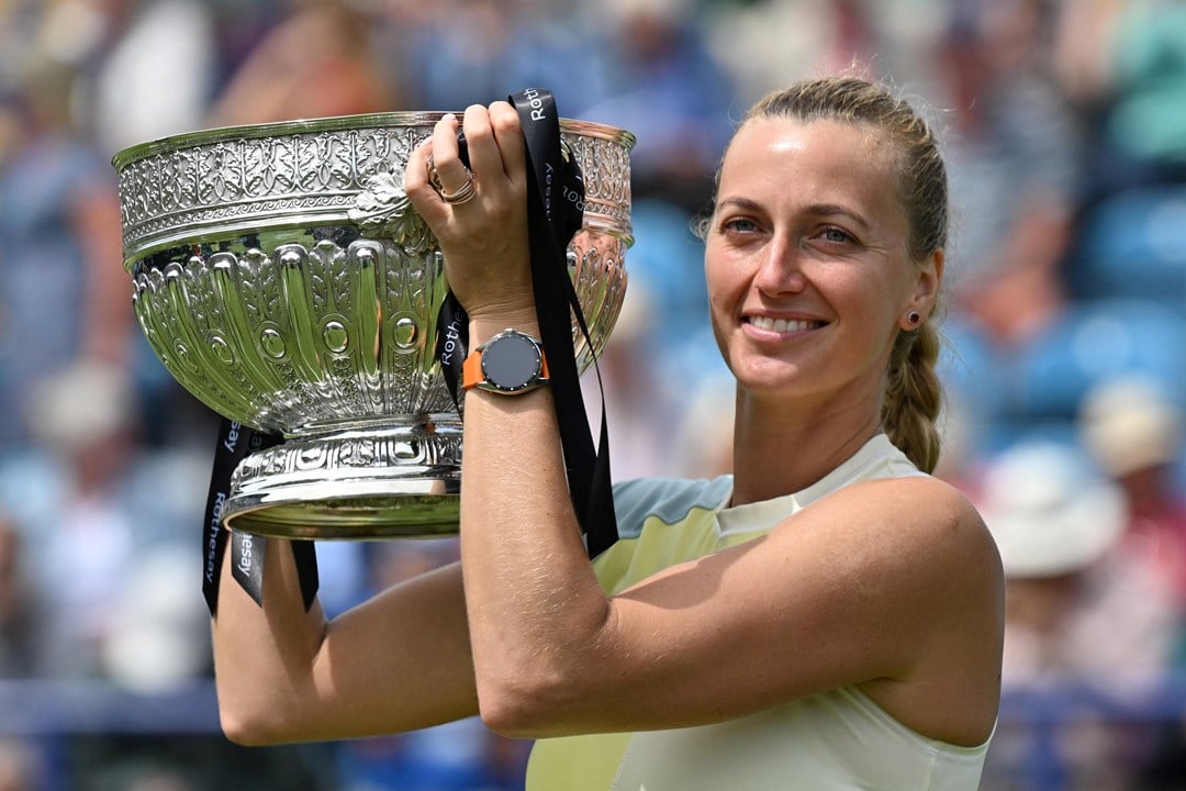 Petra Kvitova posing with the trophy after winning the final of the 2022 Rothesay International Eastbourne