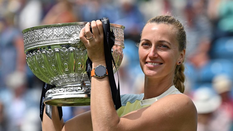 Petra Kvitova posing with the trophy after winning the final of the 2022 Rothesay International Eastbourne