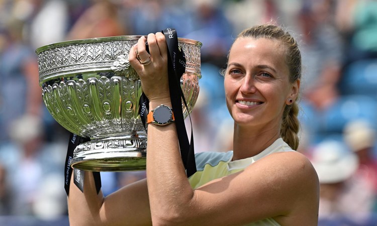 Petra Kvitova posing with the trophy after winning the final of the 2022 Rothesay International Eastbourne