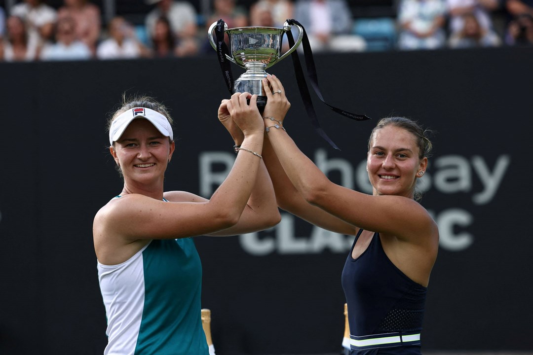 Barbora Krejcikova and Marta Kostyuk with the Rothesay Classic Birmingham women's doubles title