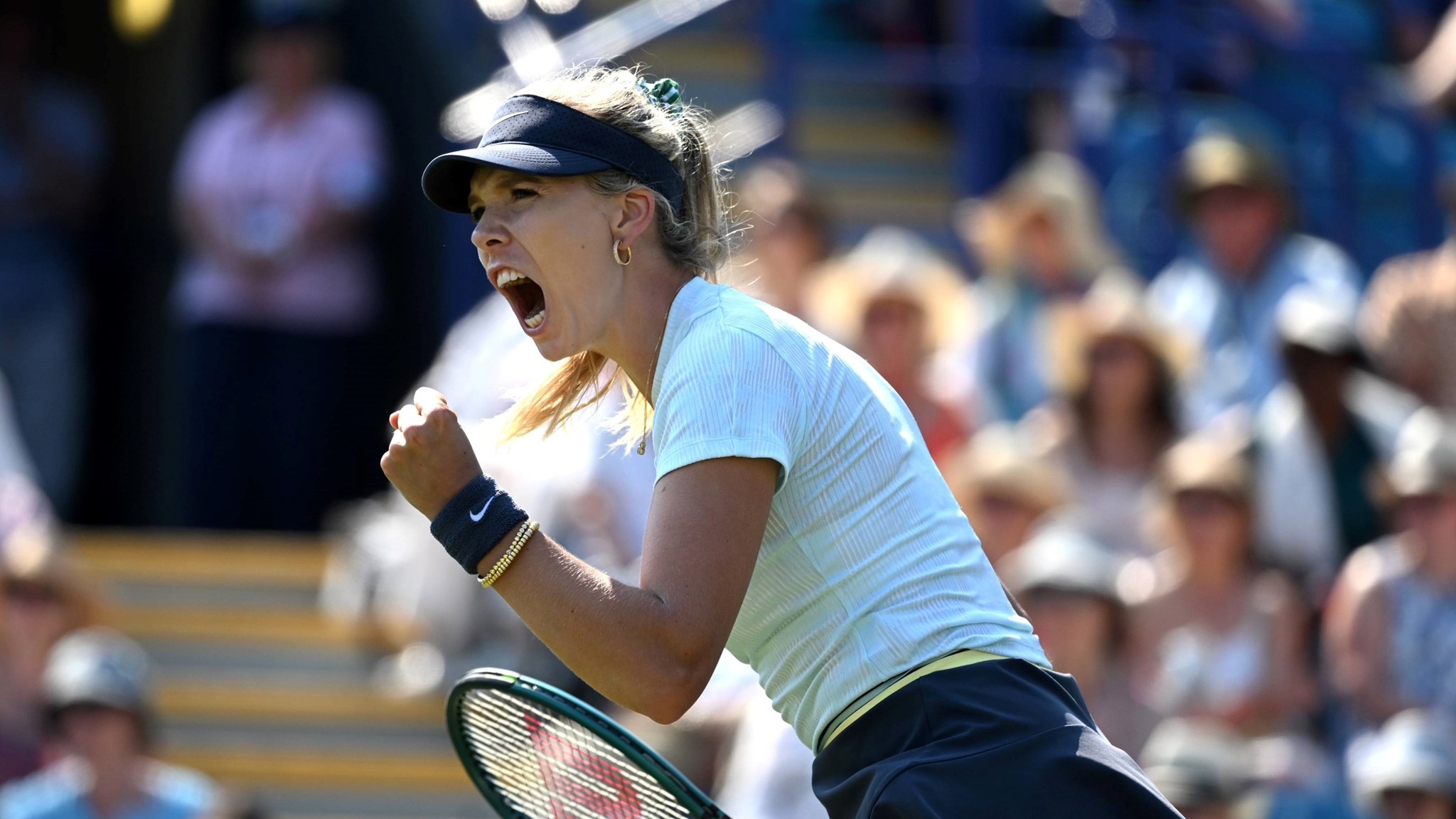 Katie Boulter roars in celebration in the first round of the Rothesay International Eastbourne