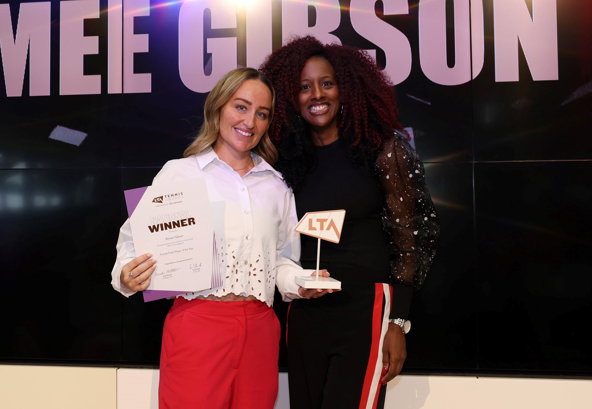 Female Padel player of the Year Award winner Aimee Gibson presented by Anne Marie Batson during the LTA Tennis Awards 2024