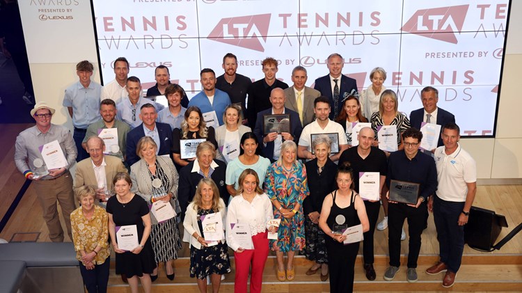 A group photo of the 2024 LTA Tennis Awards, presented by Lexus winners