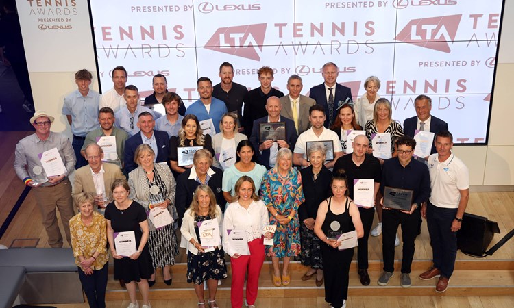 A group photo of the 2024 LTA Tennis Awards, presented by Lexus winners