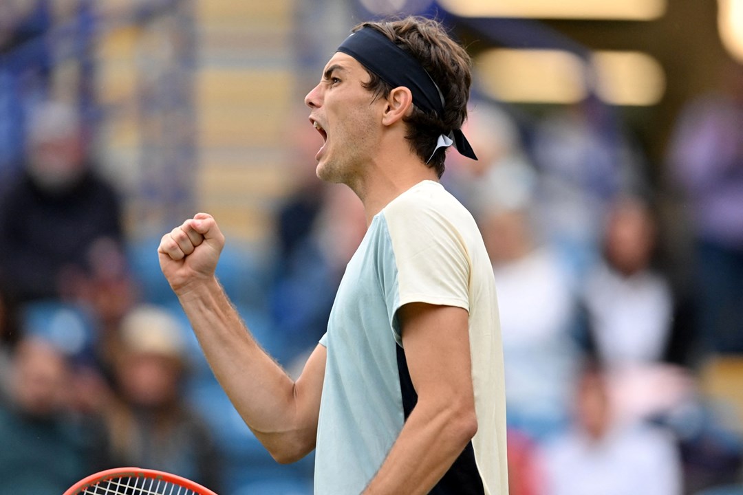 Taylor Fritz celebrating after winning his semi-final match at the Rothesay International Eastbourne 2022