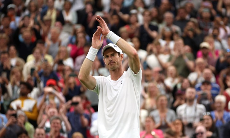 Andy Murray celebrates an opening round win at Wimbledon 2023