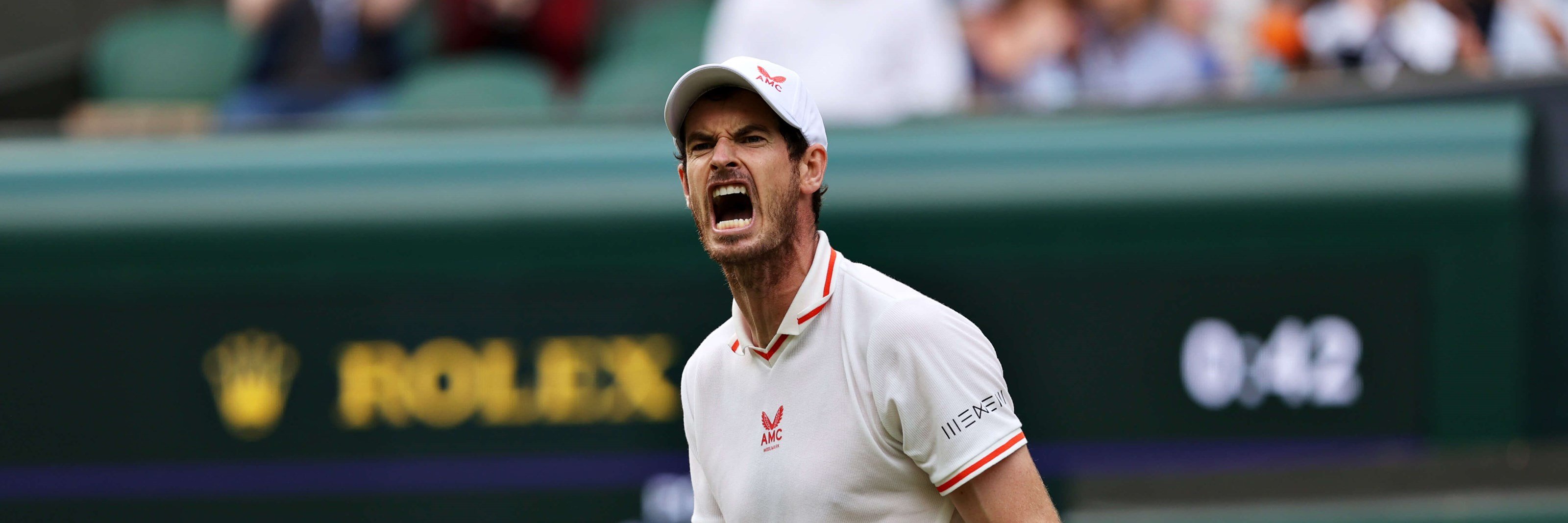 Andy Murray of Great Britain celebrates in his Men's Singles First Round match against Nikoloz Basilashvili of Georgia during Day One of The Championships - Wimbledon 2021